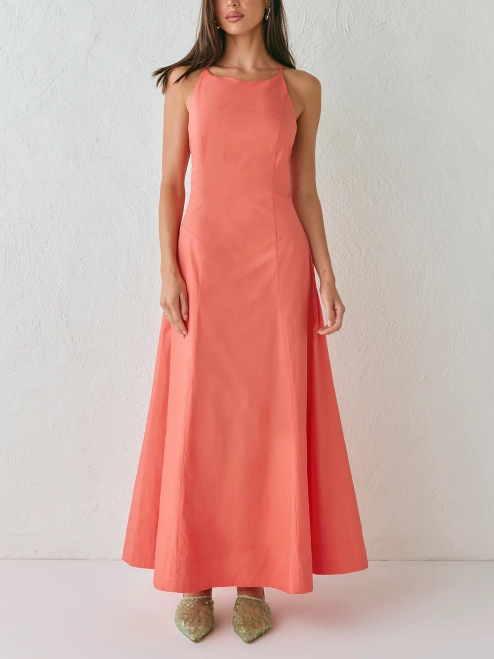 Sleeveless Coral Maxi Dress with A-Line Skirt
